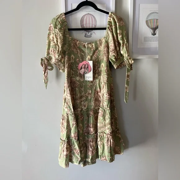 Agua Bendita Dresses | Agua Bendita X Target Size M Nwt Floral Green Smocked Dress Tie Sleeve | Color: Green | Size: M | Hanger909's Closet